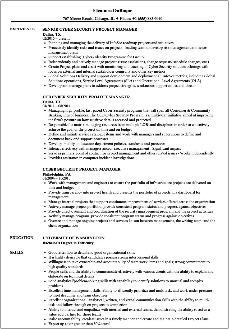 Cyber Security Nist Project Based Resume Sample