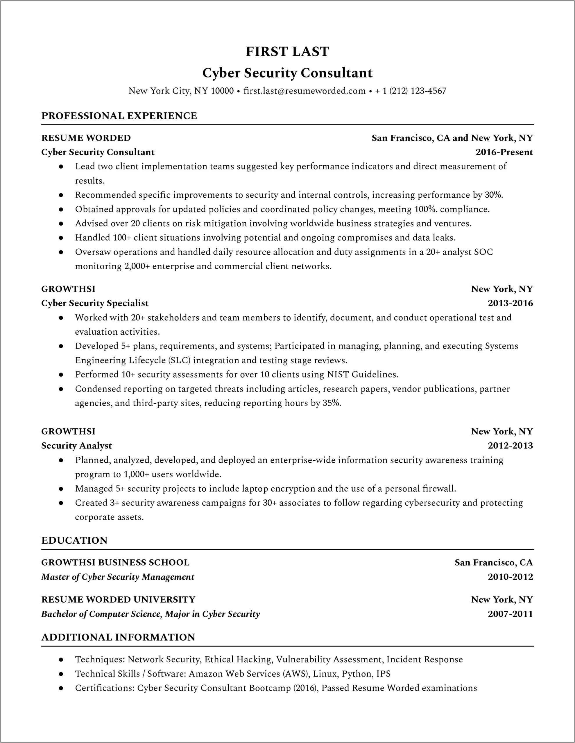 Cyber Security Resume Sample With No Experience