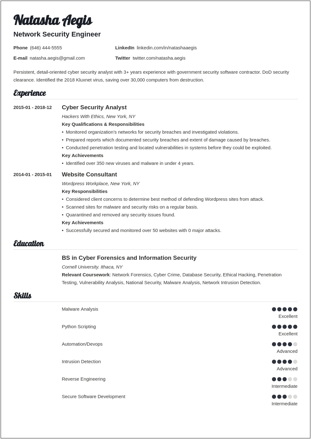 Cyber Security Technical Skills Resume