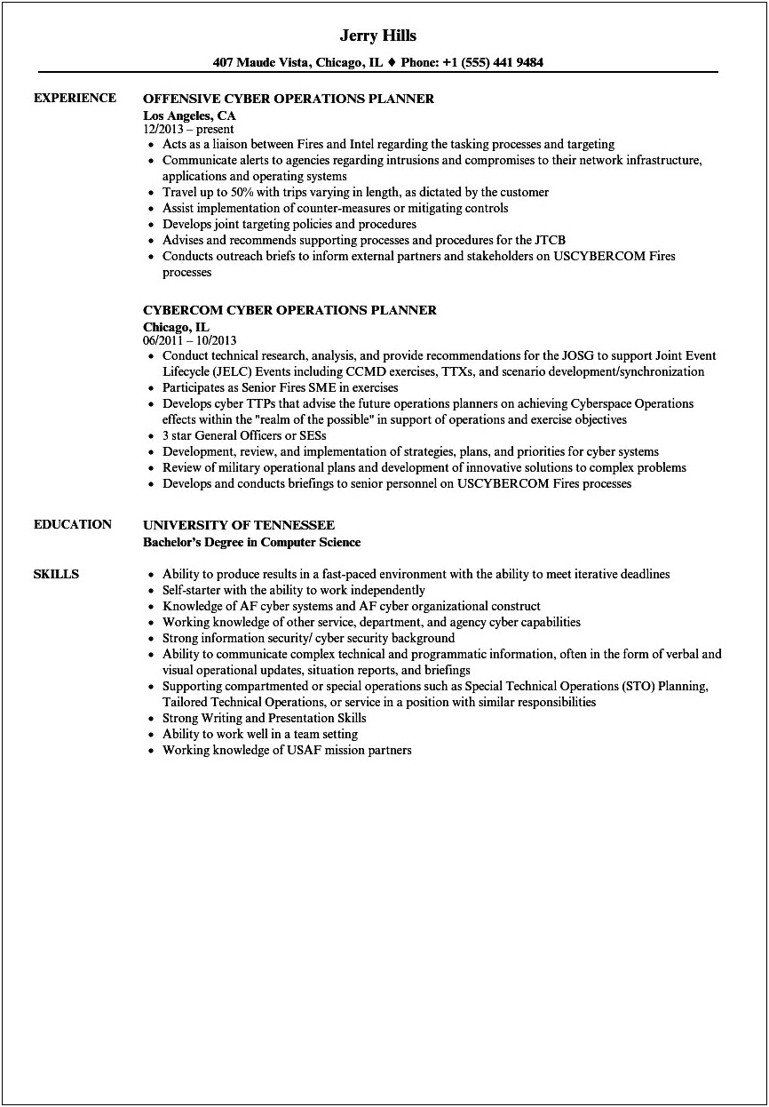 Cyber Warfare Planner Sample Resume