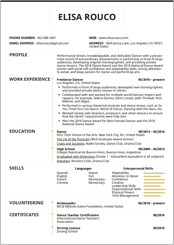 Dance Resume Samples For College