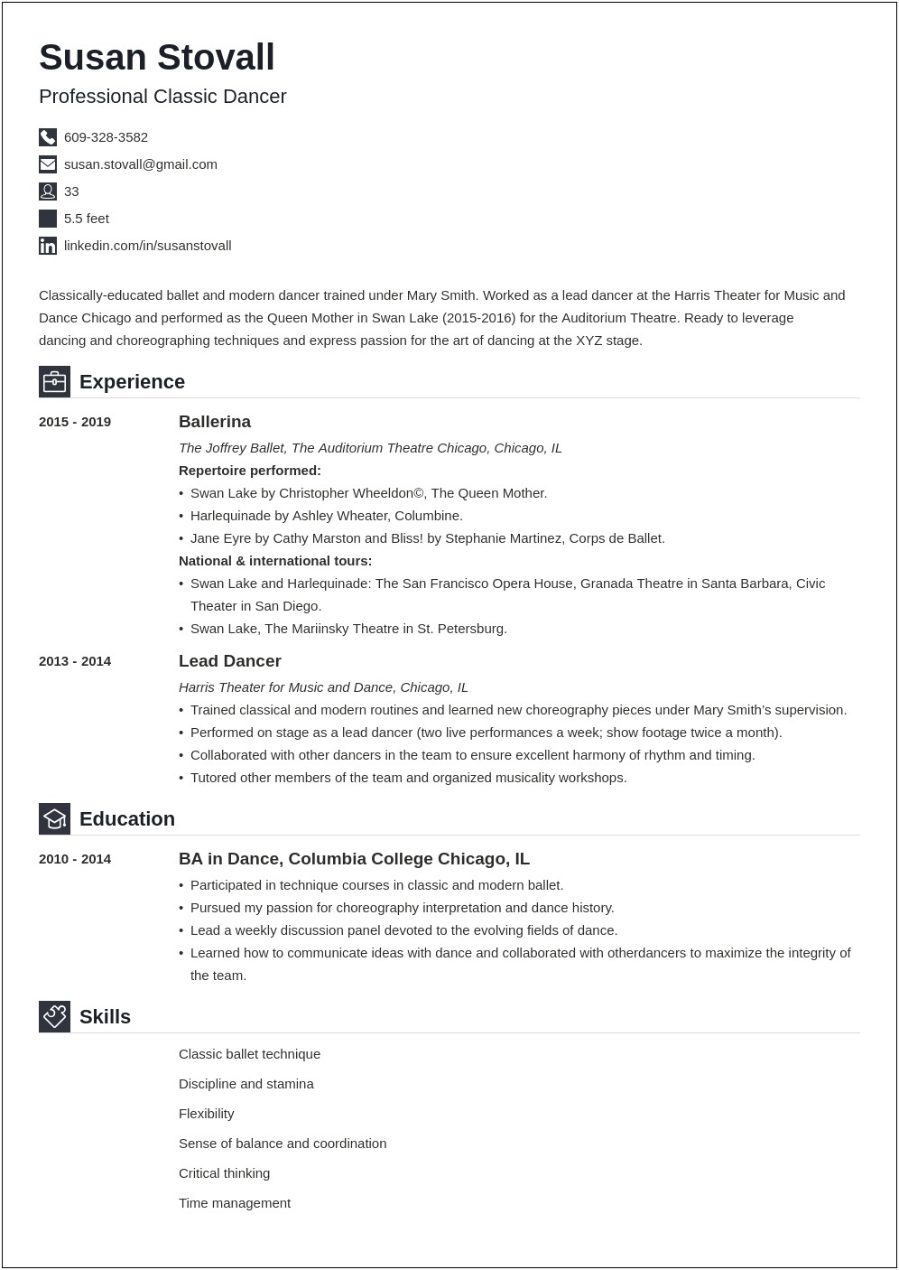 Dance Resume Template For College Dance Teams