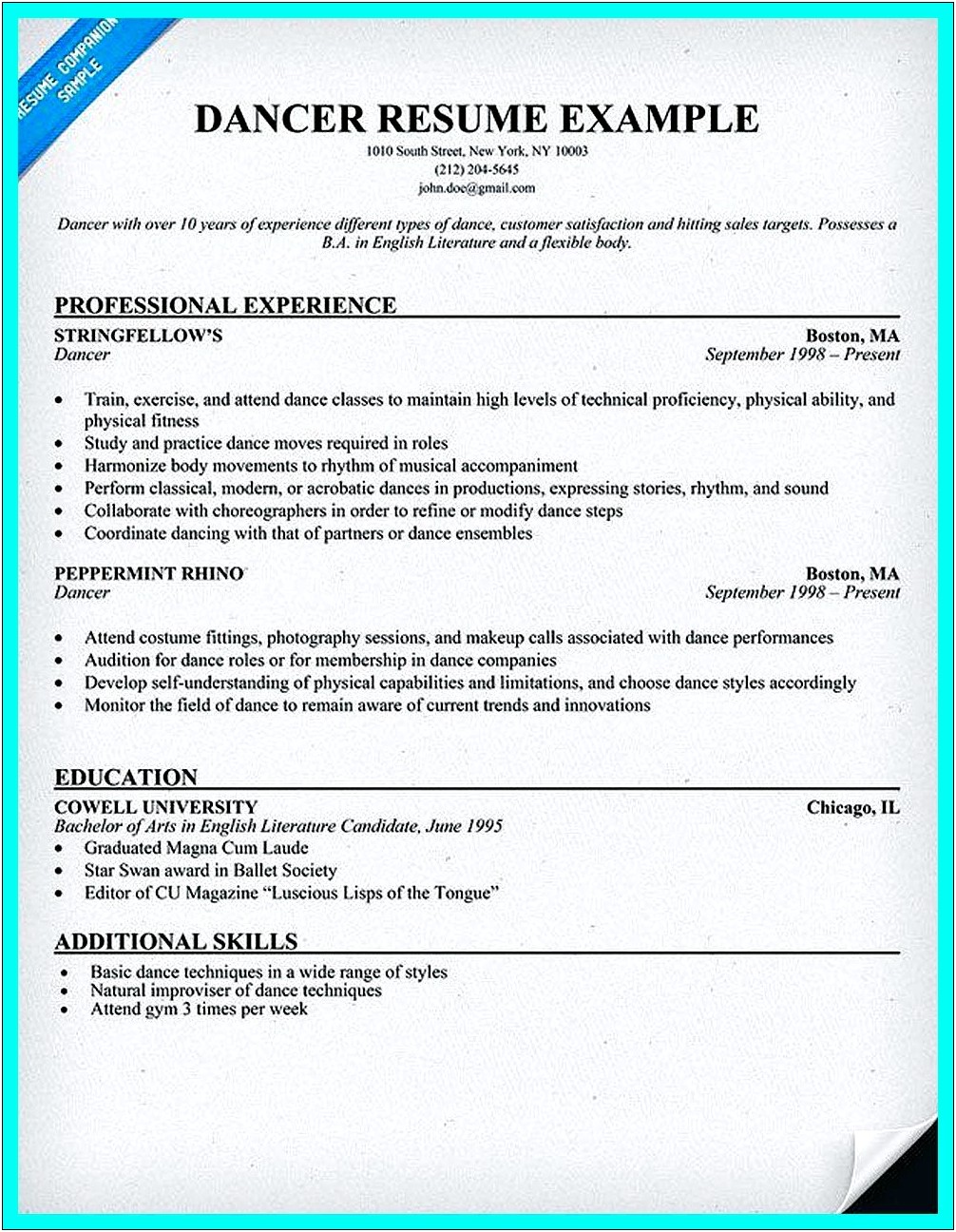 Dance Teacher Job Description Resume