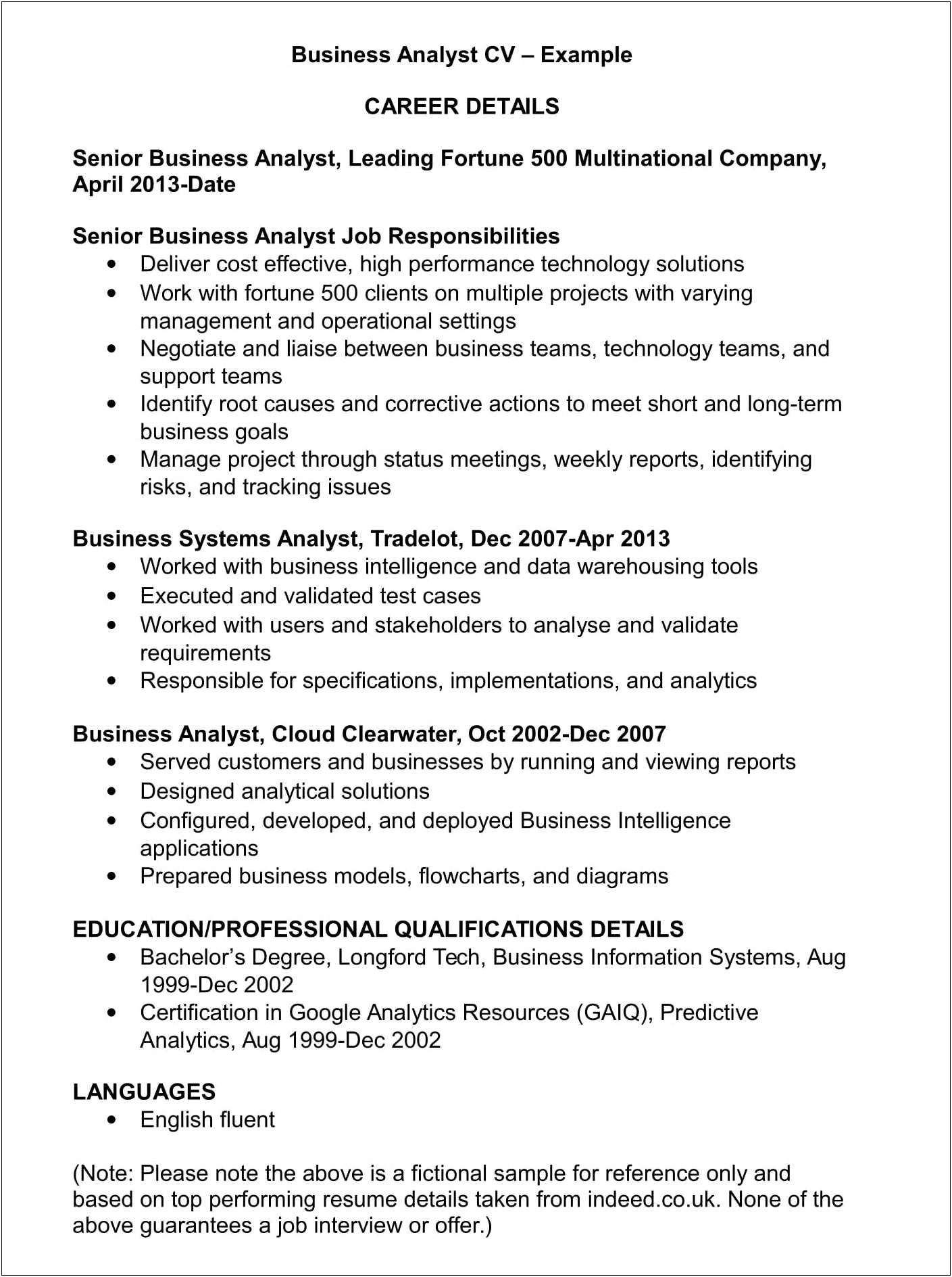 Data Analysis Business Analyst Resume Sample