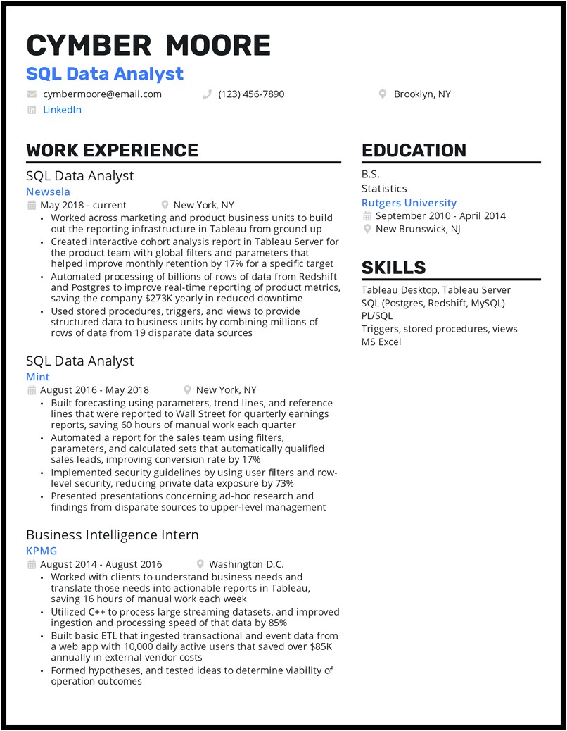 Data Analyst Associate Resume Sample