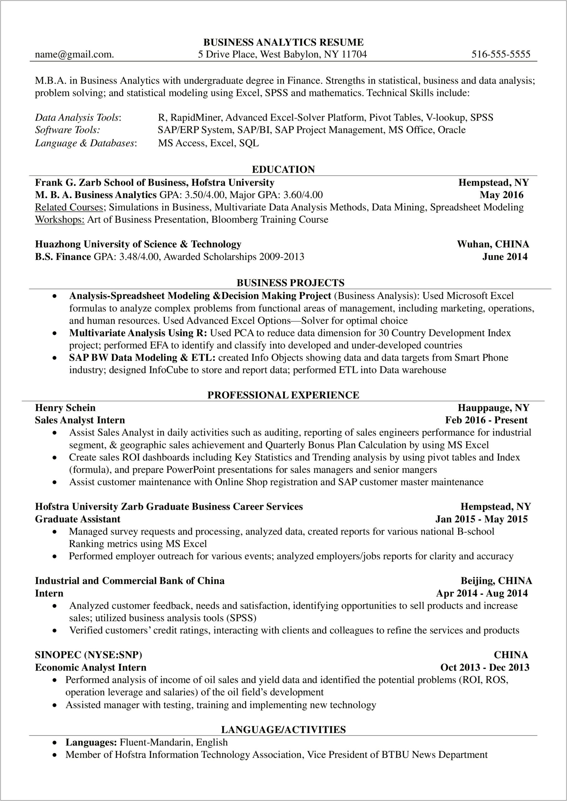Data Analyst In Banking Sector Sample Resume