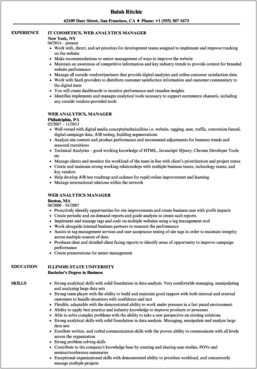 Data Analyst Project Management Resume