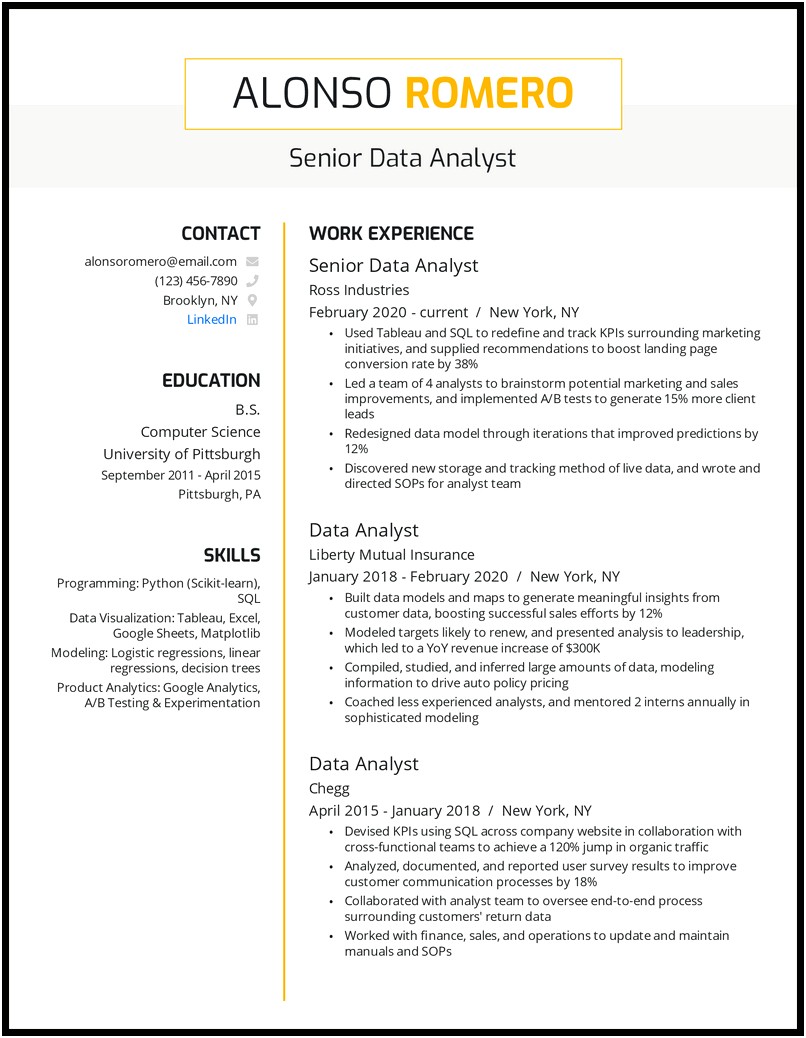 Data Analyst Resume Sample For College Students