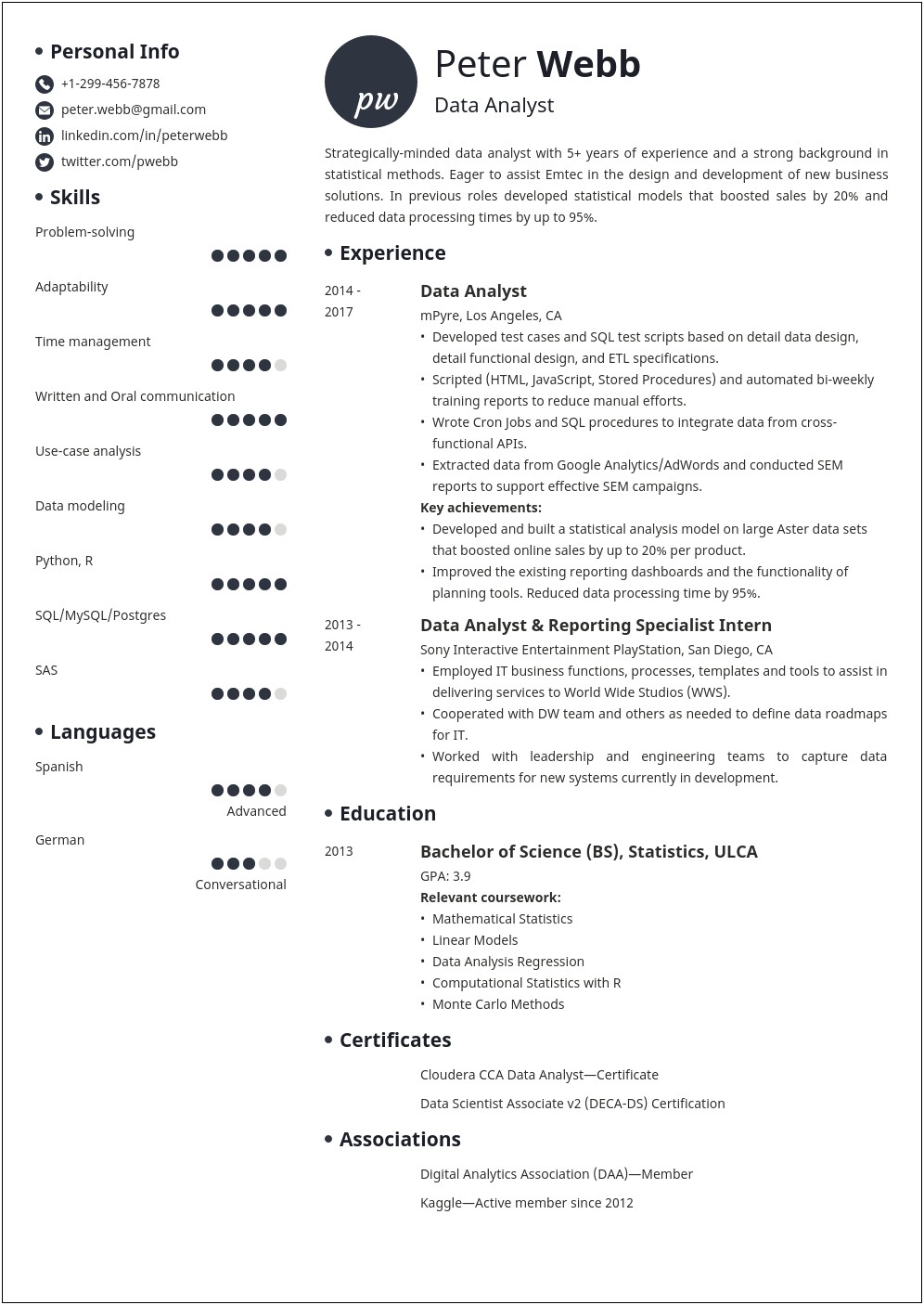 Data Analyst Resume Summary Sample