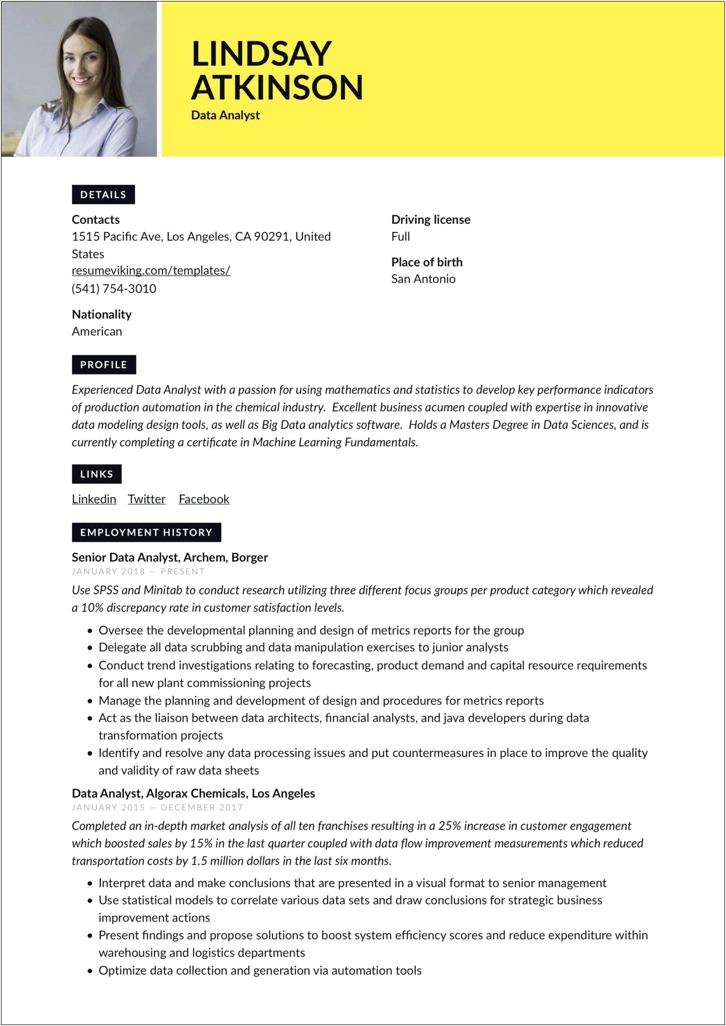 Data Analyst With Python And Sql Experience Resume