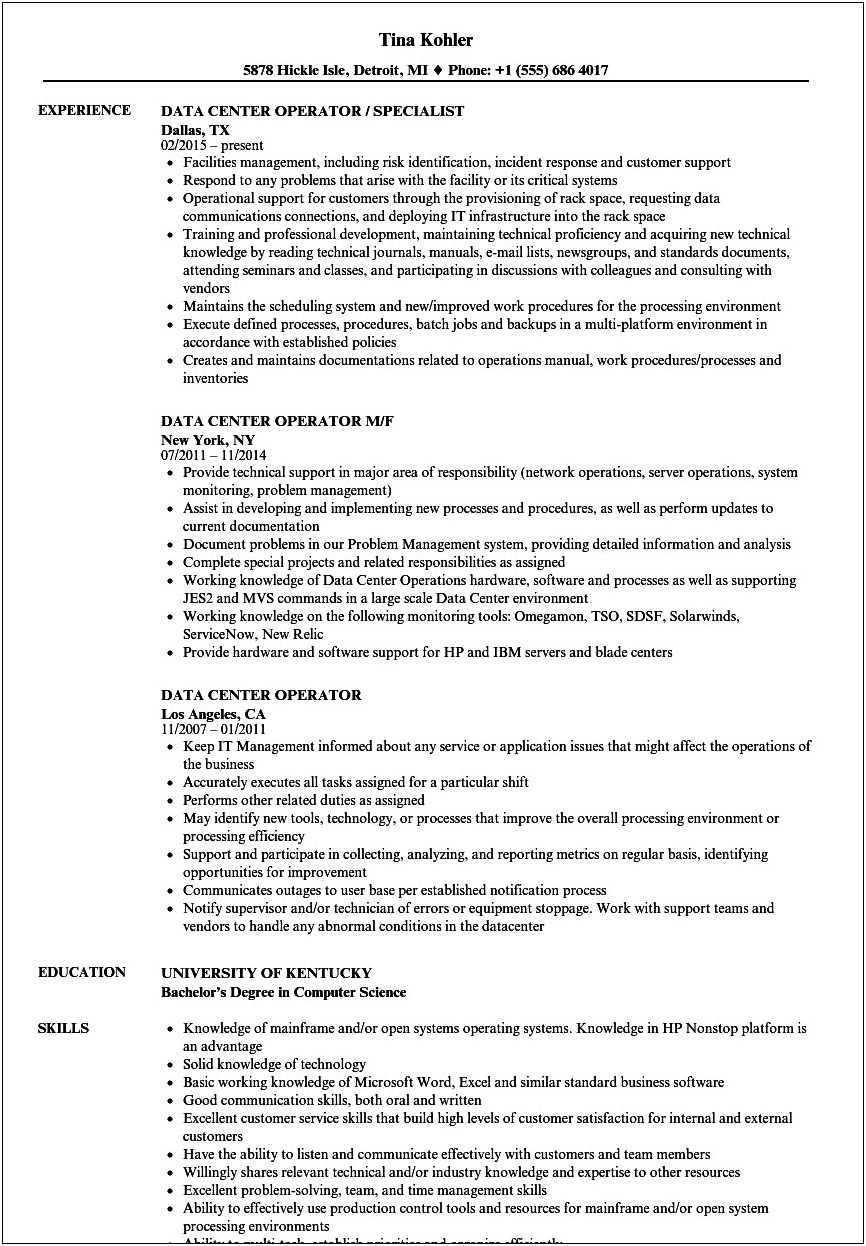 Data Center Operations Manager Resume