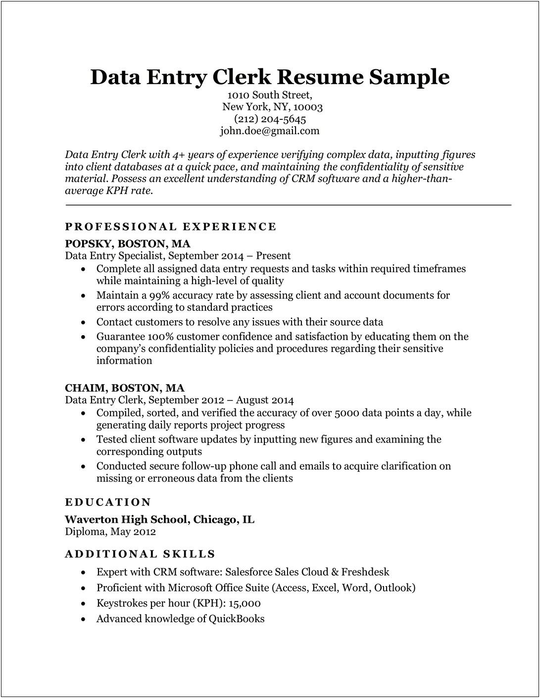 Data Entry Administrator Resume Sample