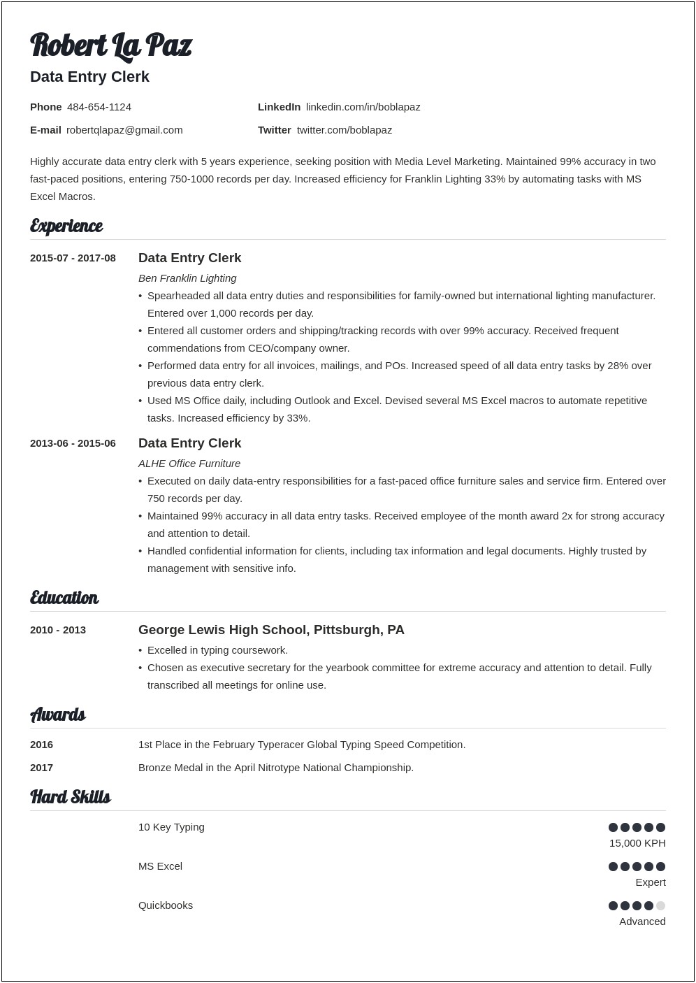 Data Entry Resume Example Template