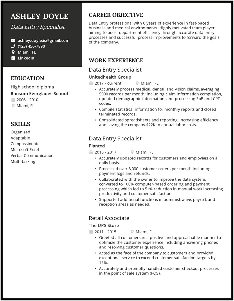 Data Entry Resume Objective No Experience