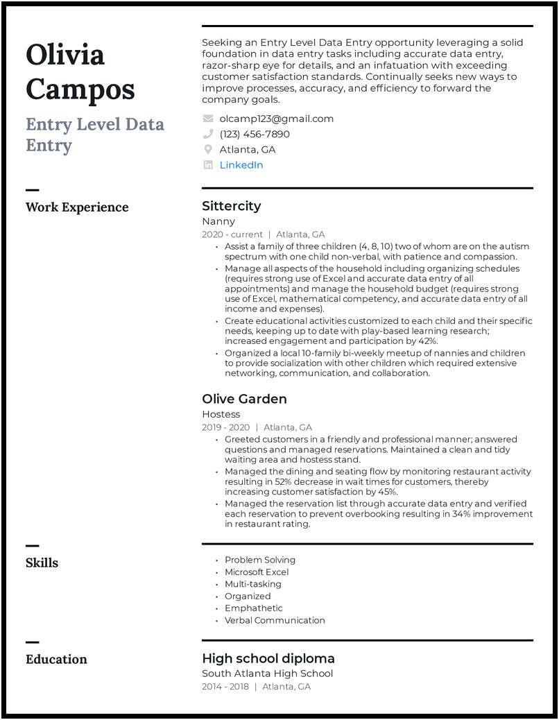 Data Entry Resume Sample With Experience