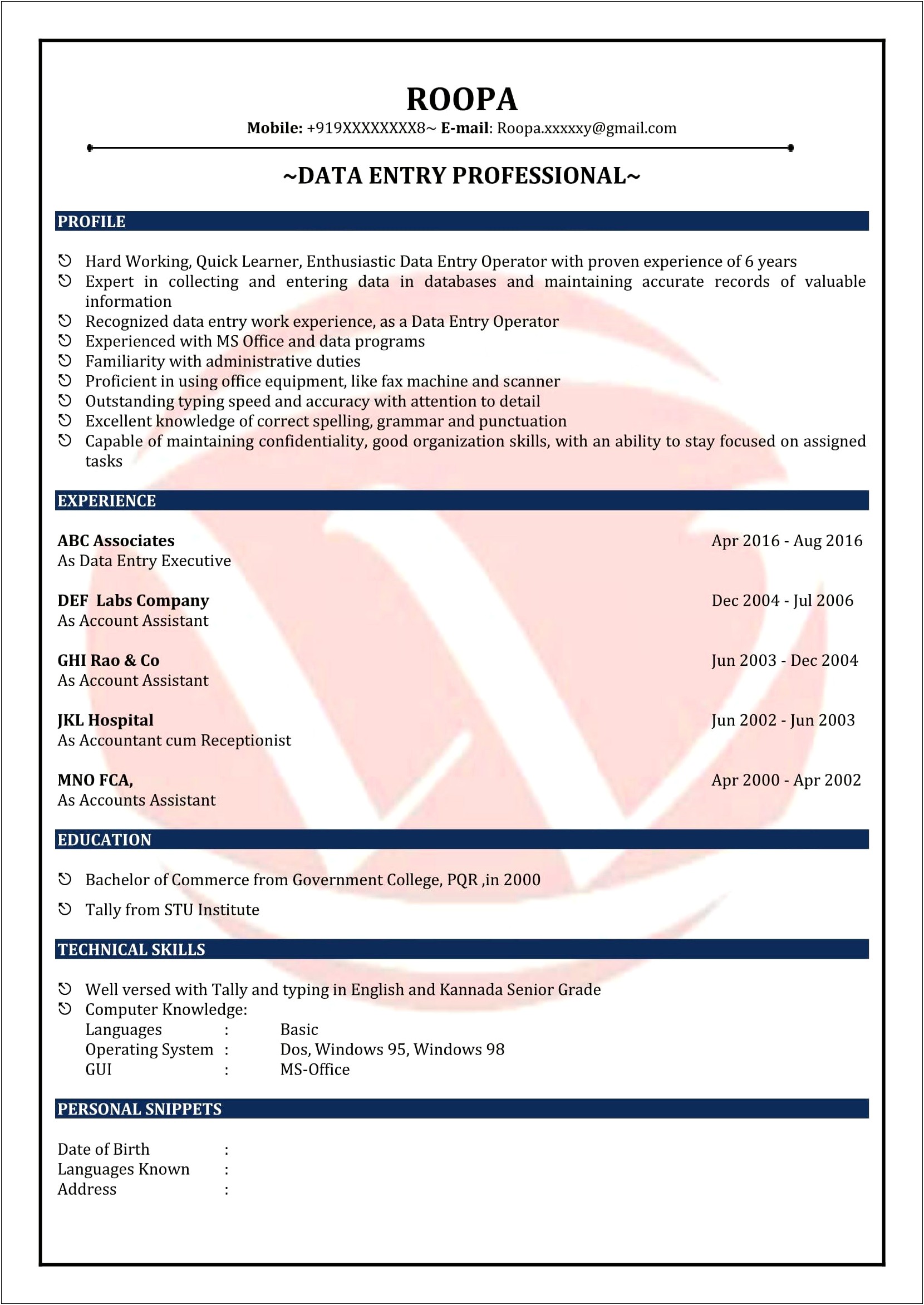 Data Entry Resume Sample With No Experience Pdf