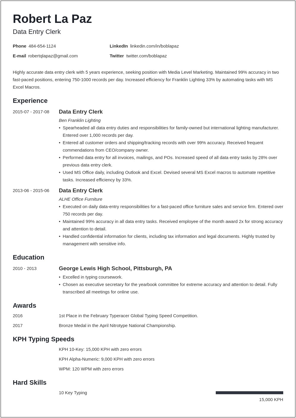 Data Entry Resume Template Free