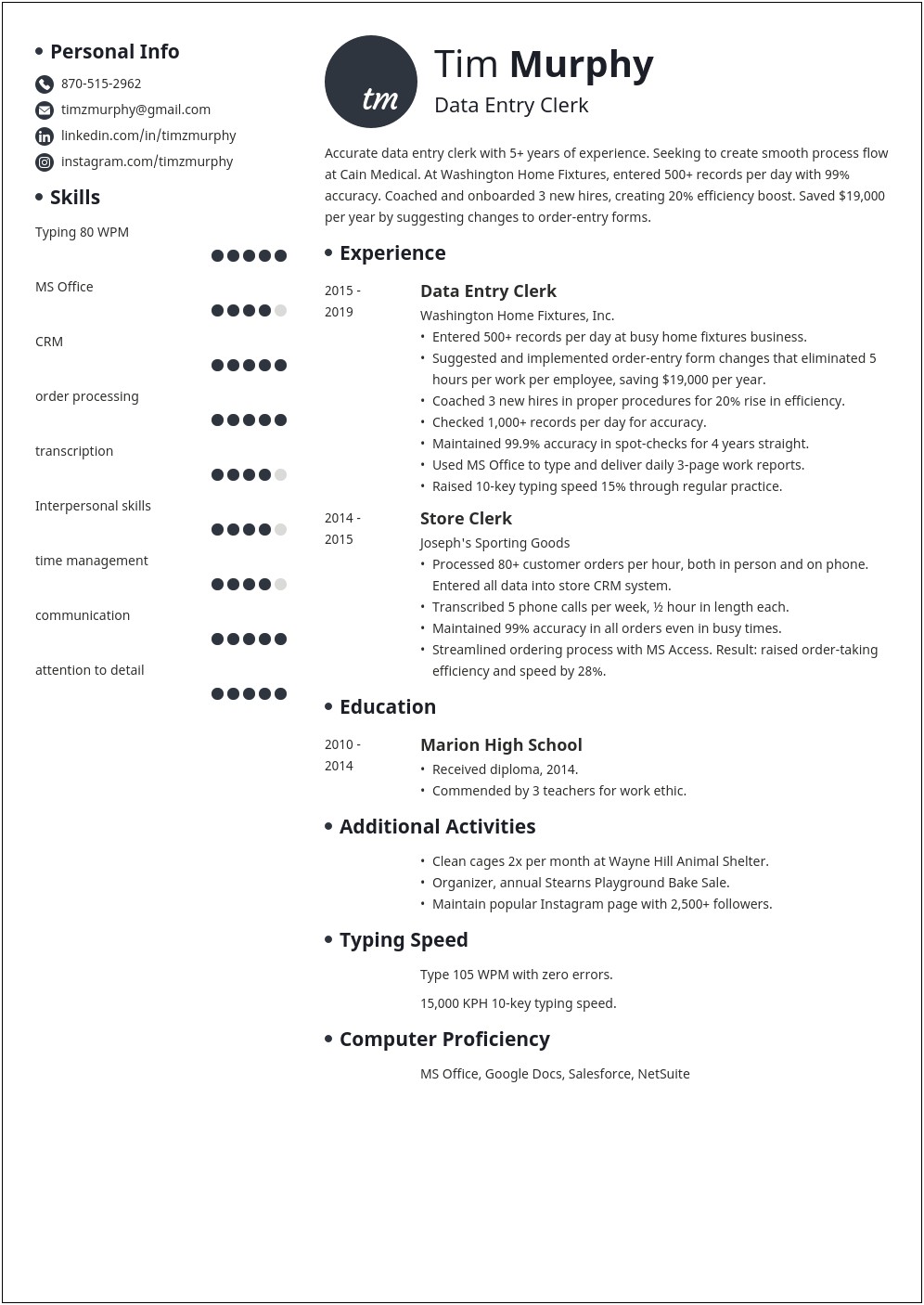 Data Entry Specialist Job Description Resume