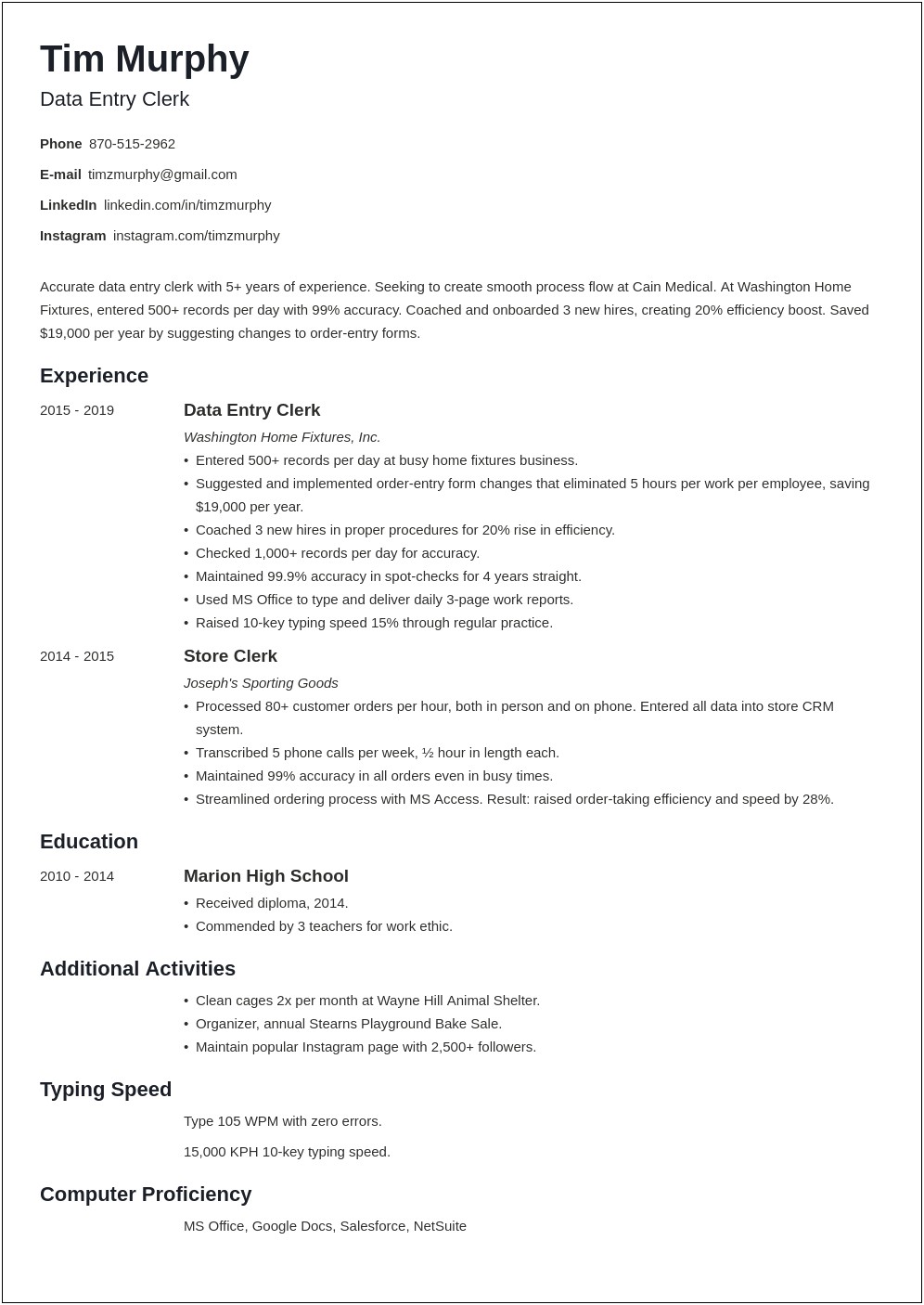 Data Entry Specialist Resume Sample