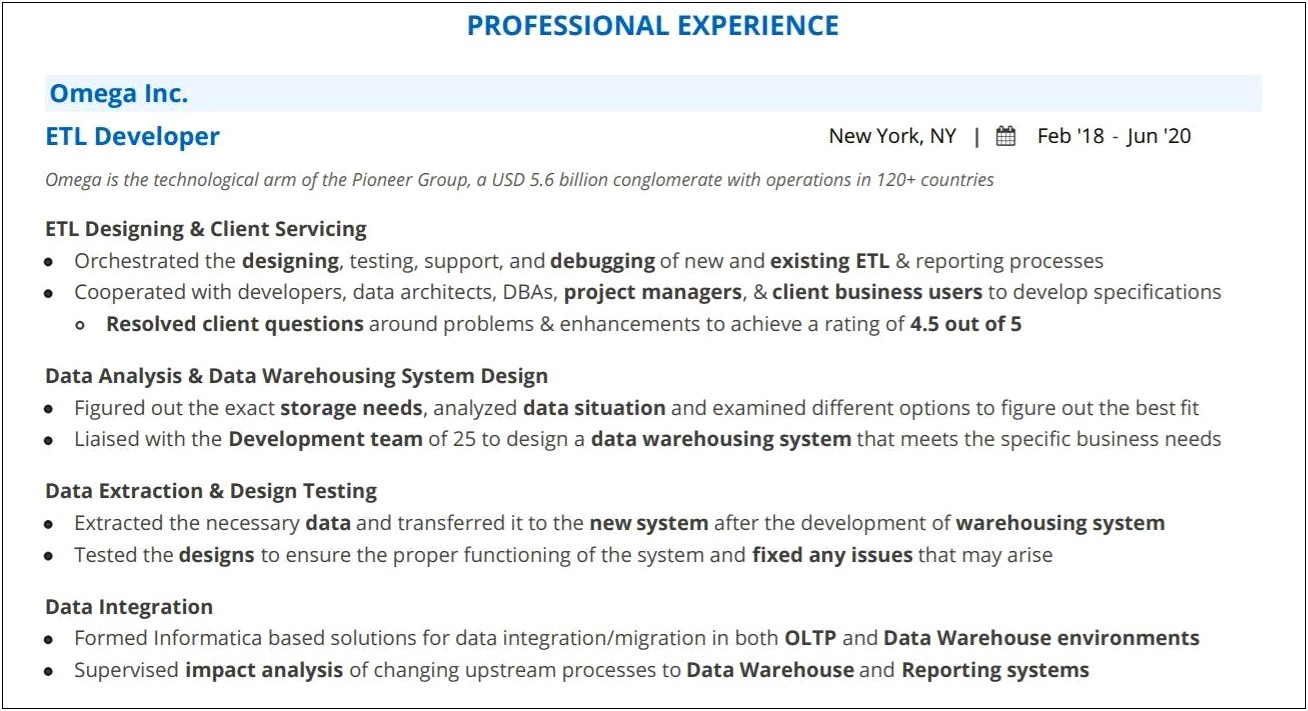 Data Extract Transform Load Resume Example