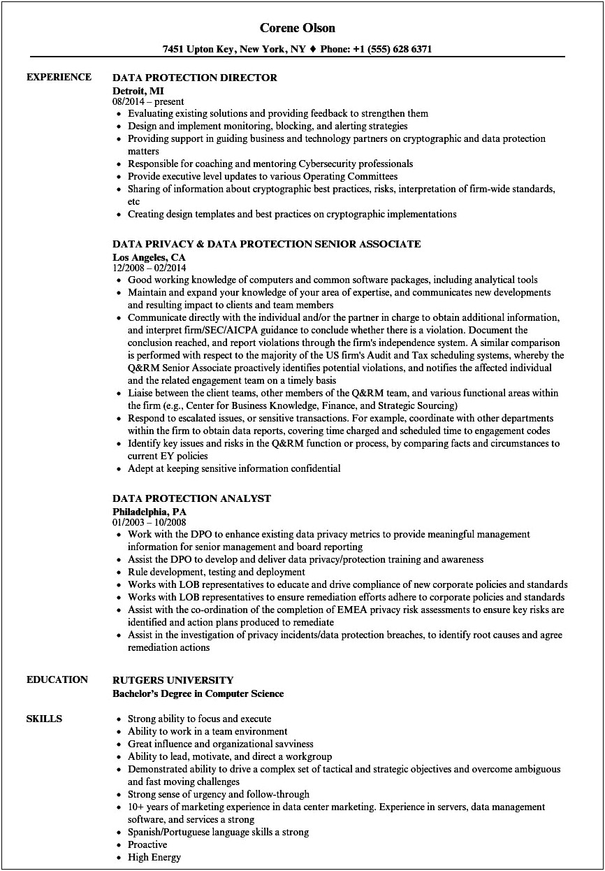 Data Privacy Attorney Example Resume