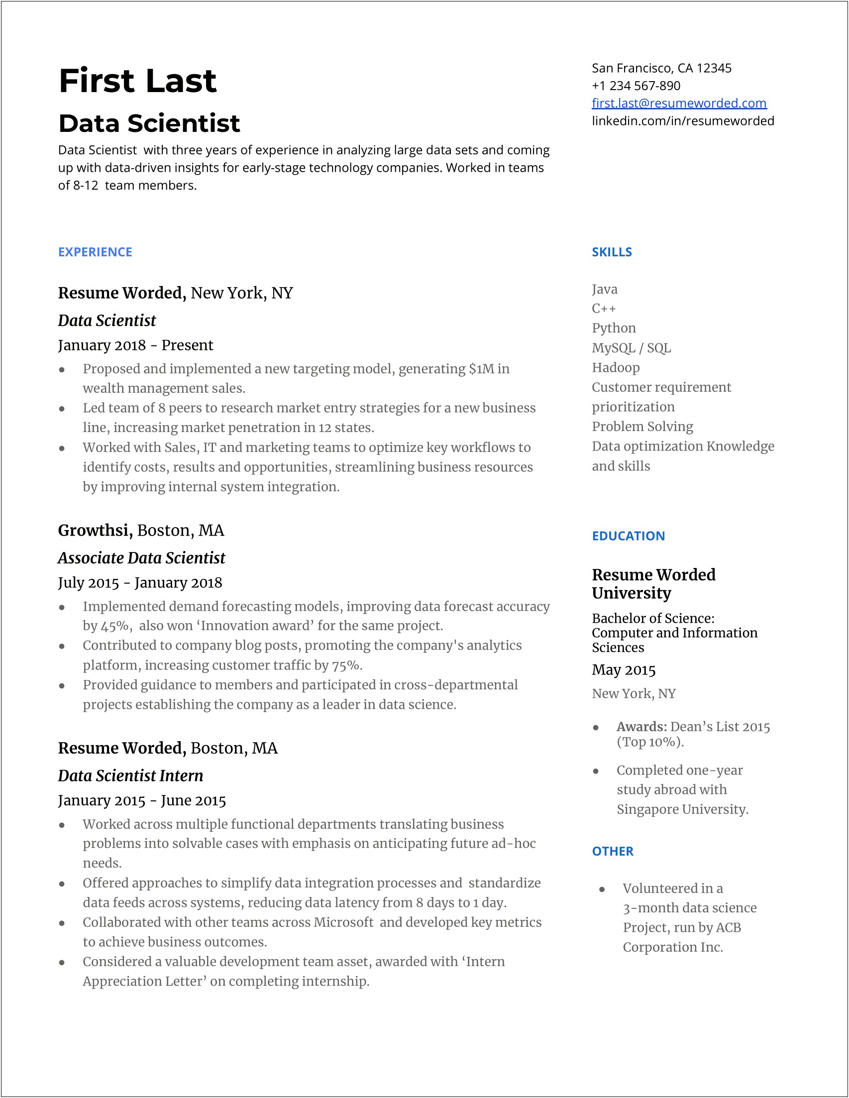 Data Science Skills Section Resume