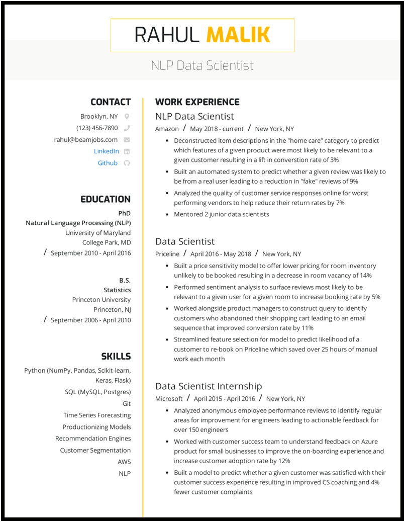 Data Scientist Job Description Resume