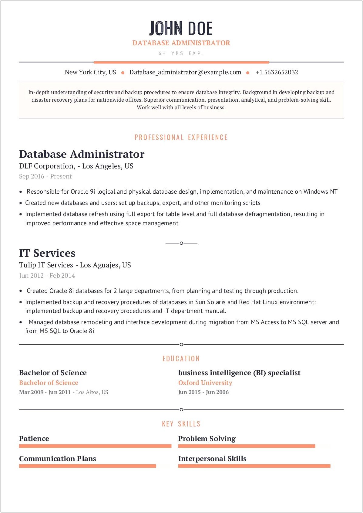 Database Administrator 1 Year Experience Resume