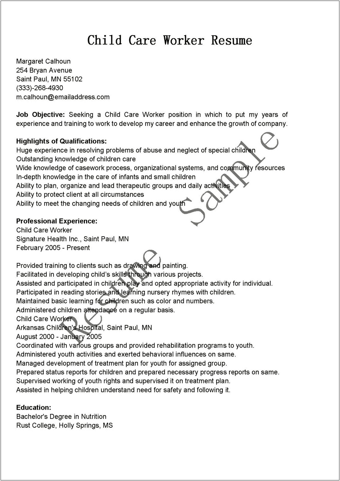 Day Care Worker Resume Professional Development