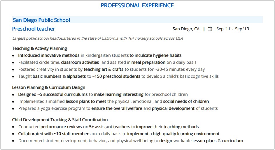 Daycare And Kindergarten Teacher Resume Description
