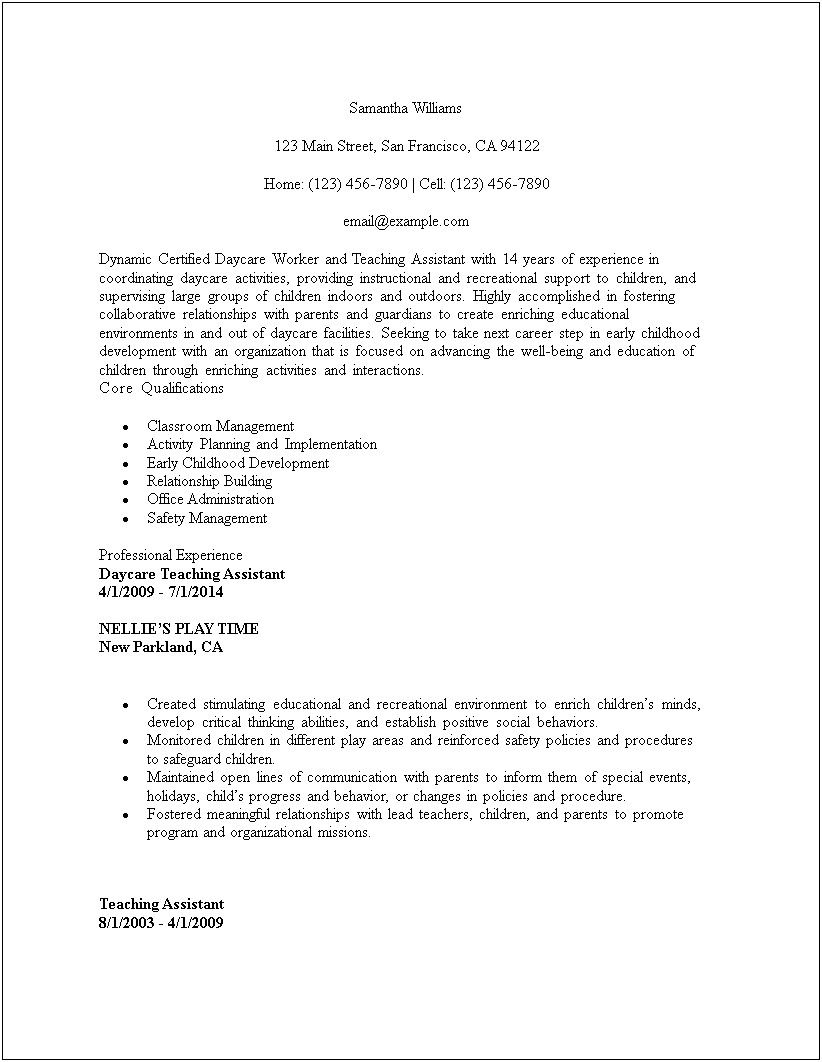 Daycare Assistant Director Objective Resume