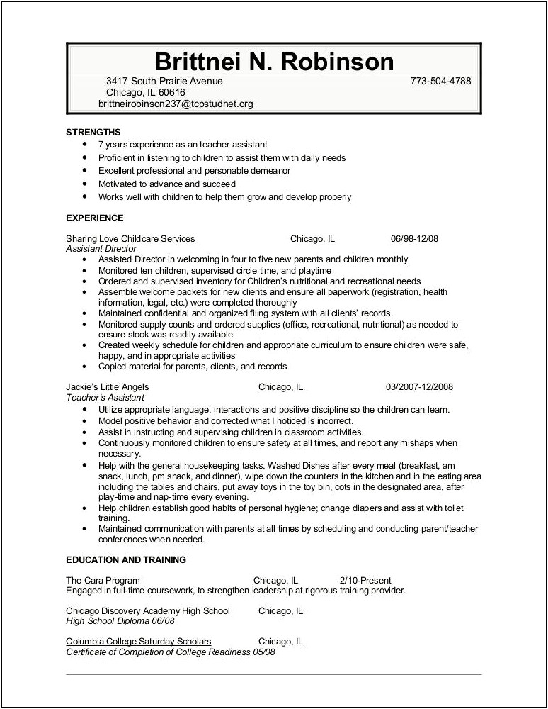 Daycare Teacher Assistant Resume Example