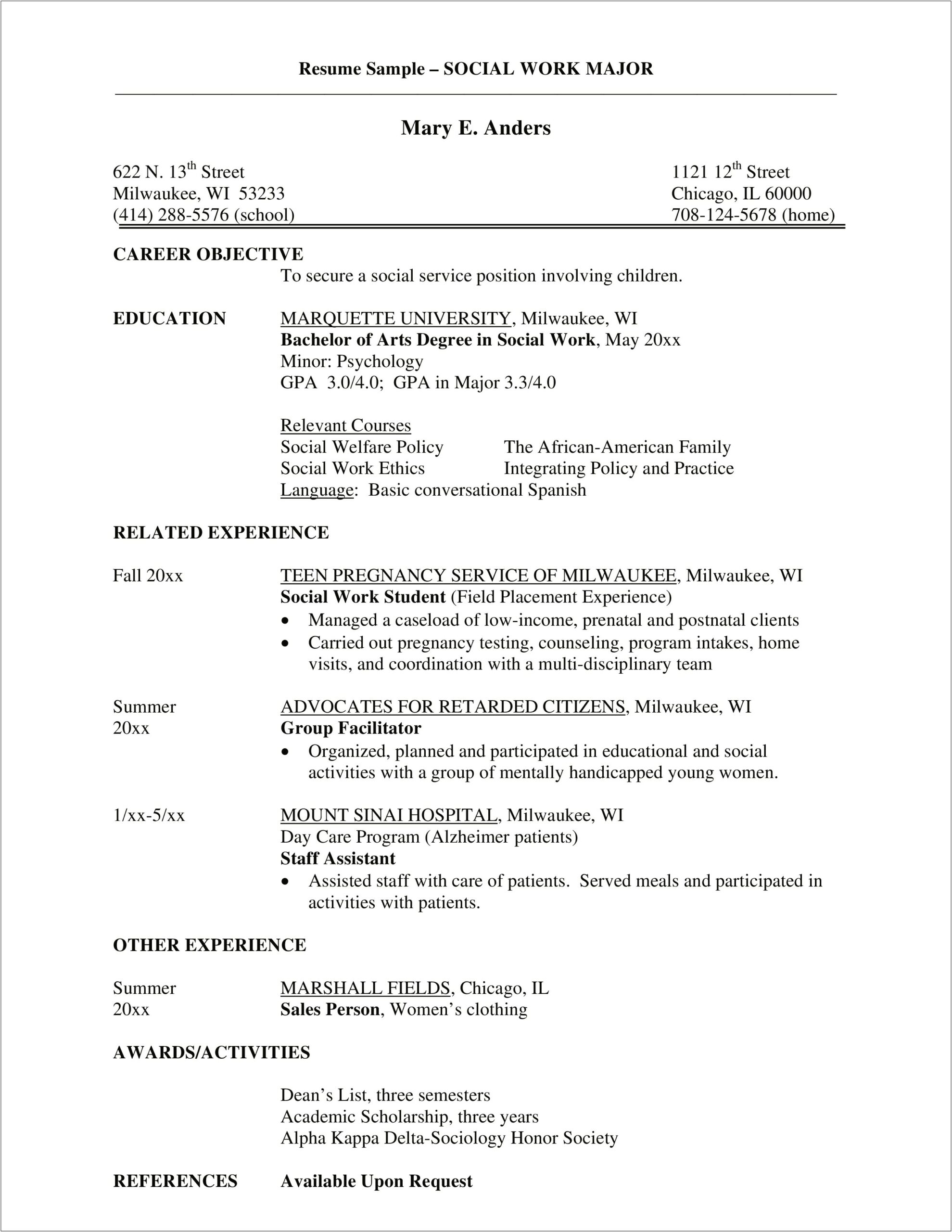 Daycare Worker Resume Summary With Ba Social Work