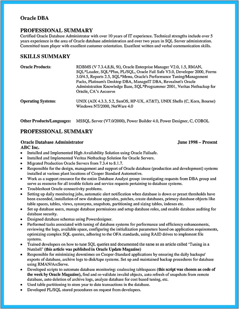 Dba Resume For 1 Year Experience