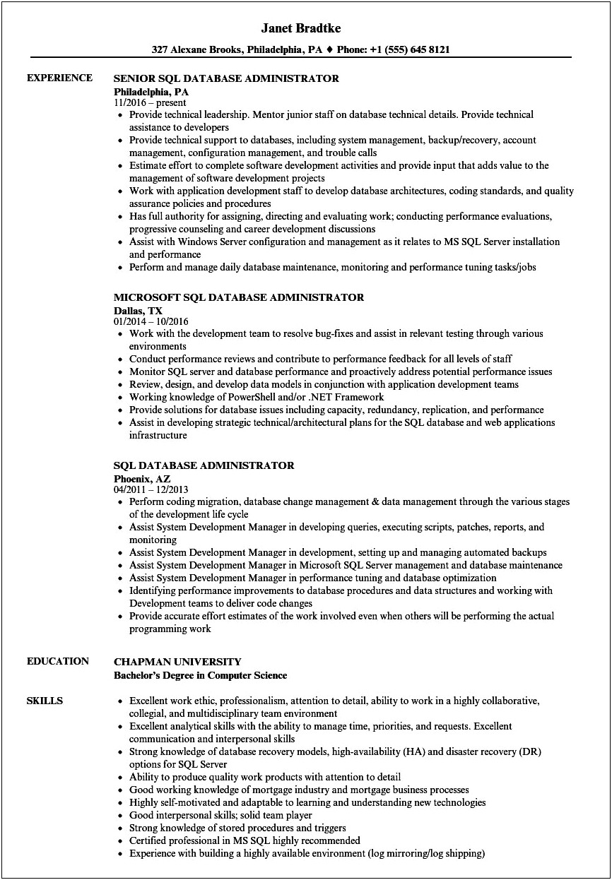 Dba Resume With Certifications Sample