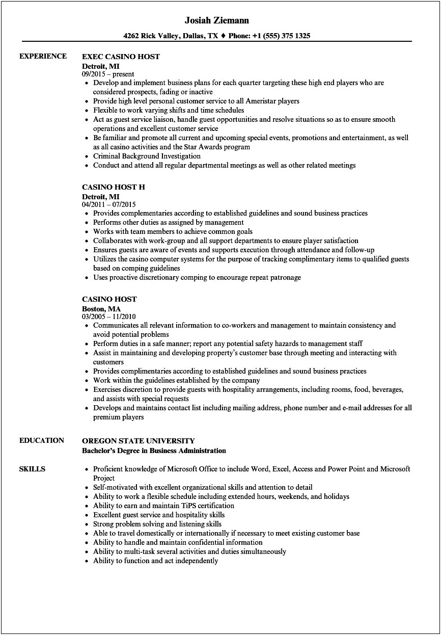 Dealer At A Casino Resume Examples