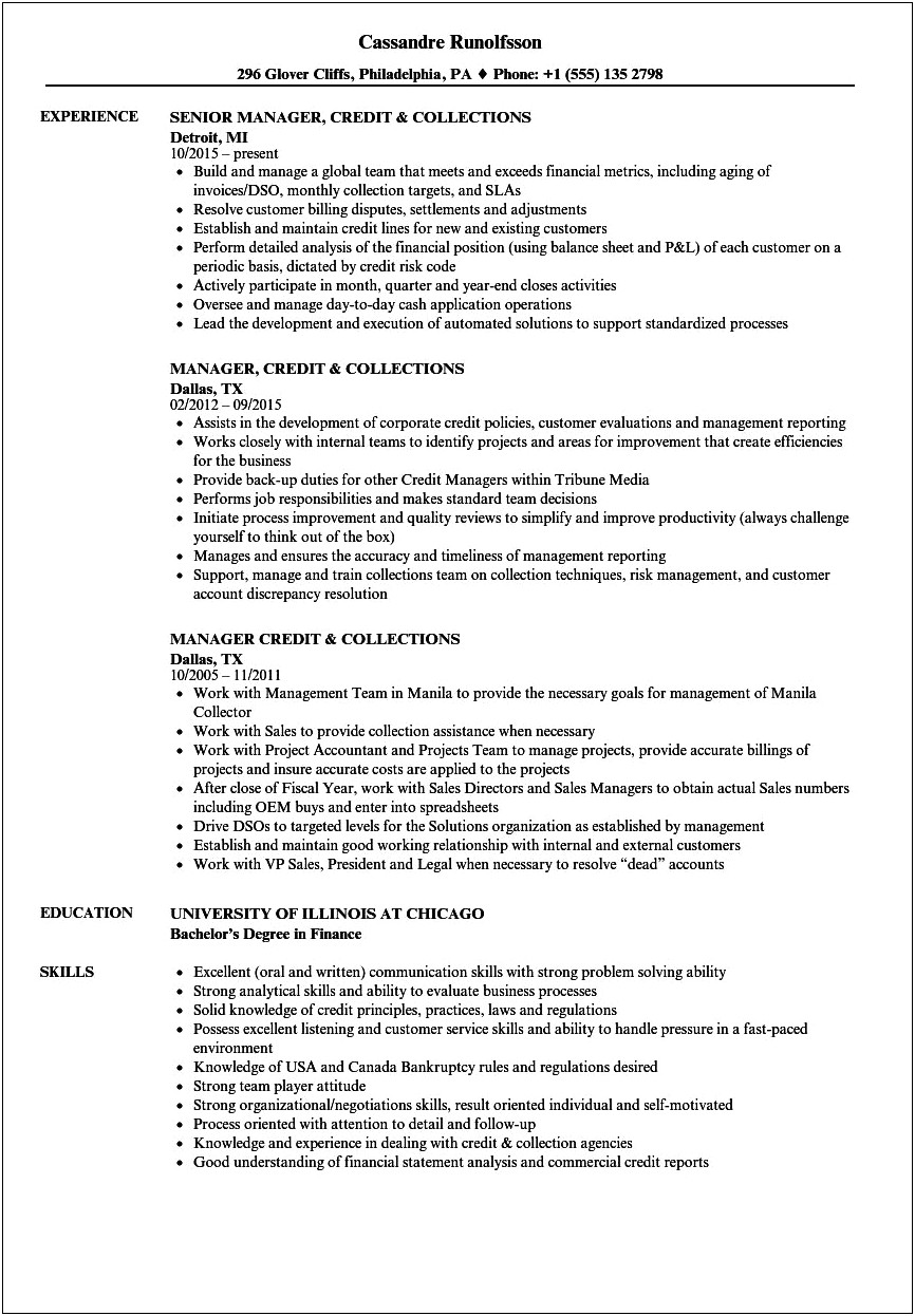 Debt Collection Job Description Resume