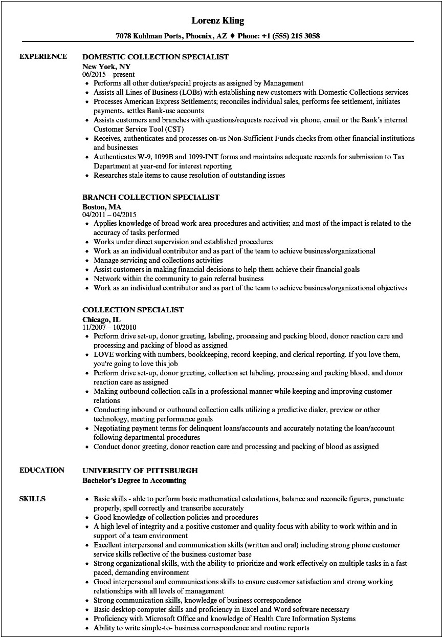 Debt Collection Specialist Job Description Resume Samples