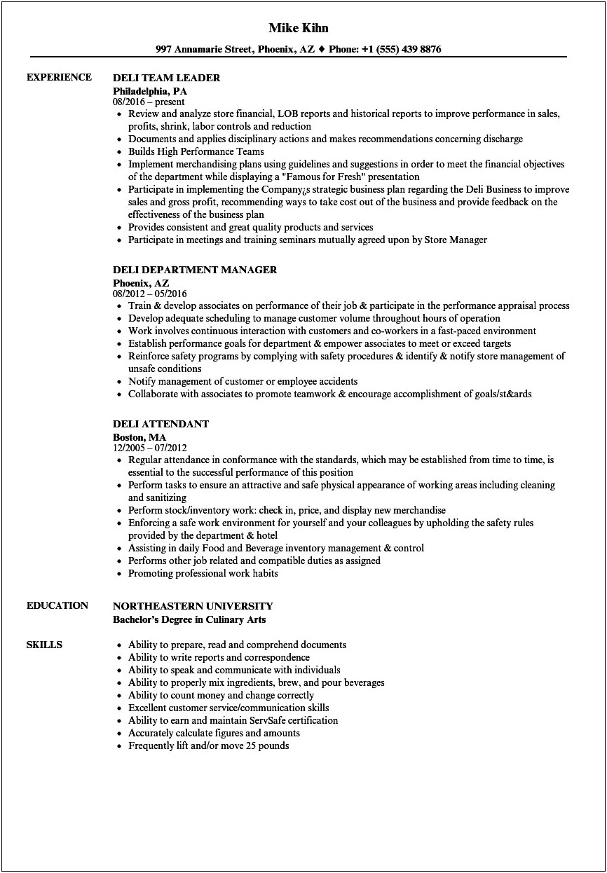 Deli Clerk Job Description Resume