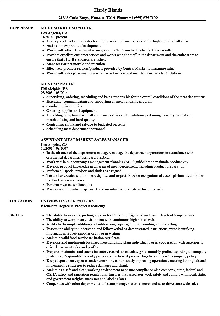 Deli Manager Job Description For Resume