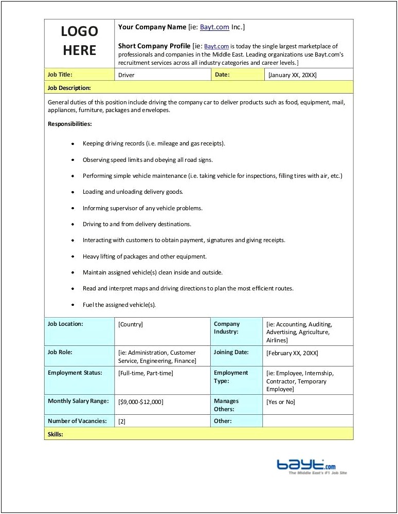 Delivery Coordinator Job Description Resume