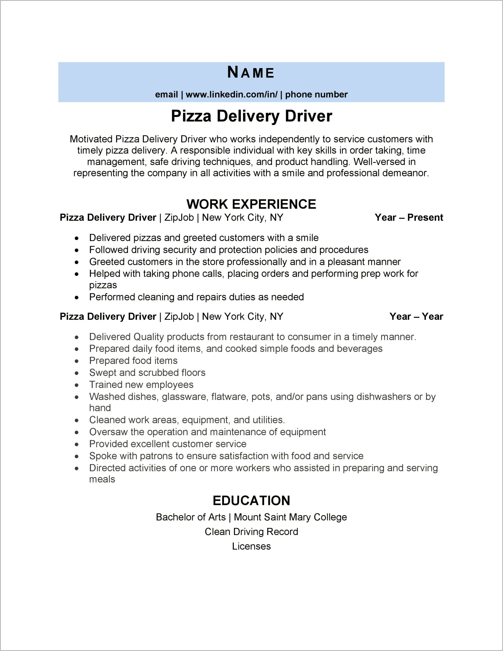 Delivery Driver Pizza Job Description Resume
