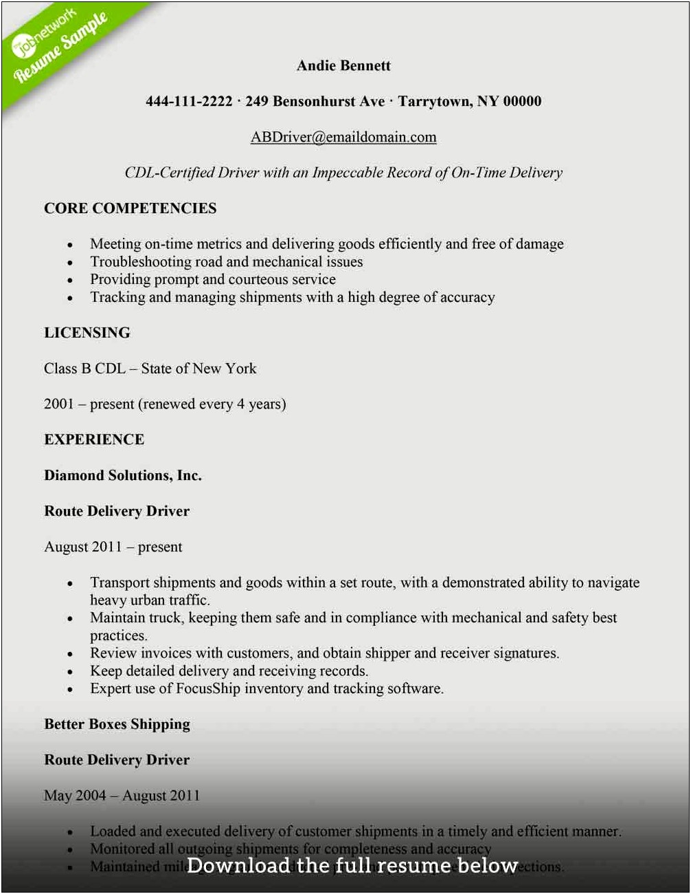 Delivery Driver Resume Sample Doc