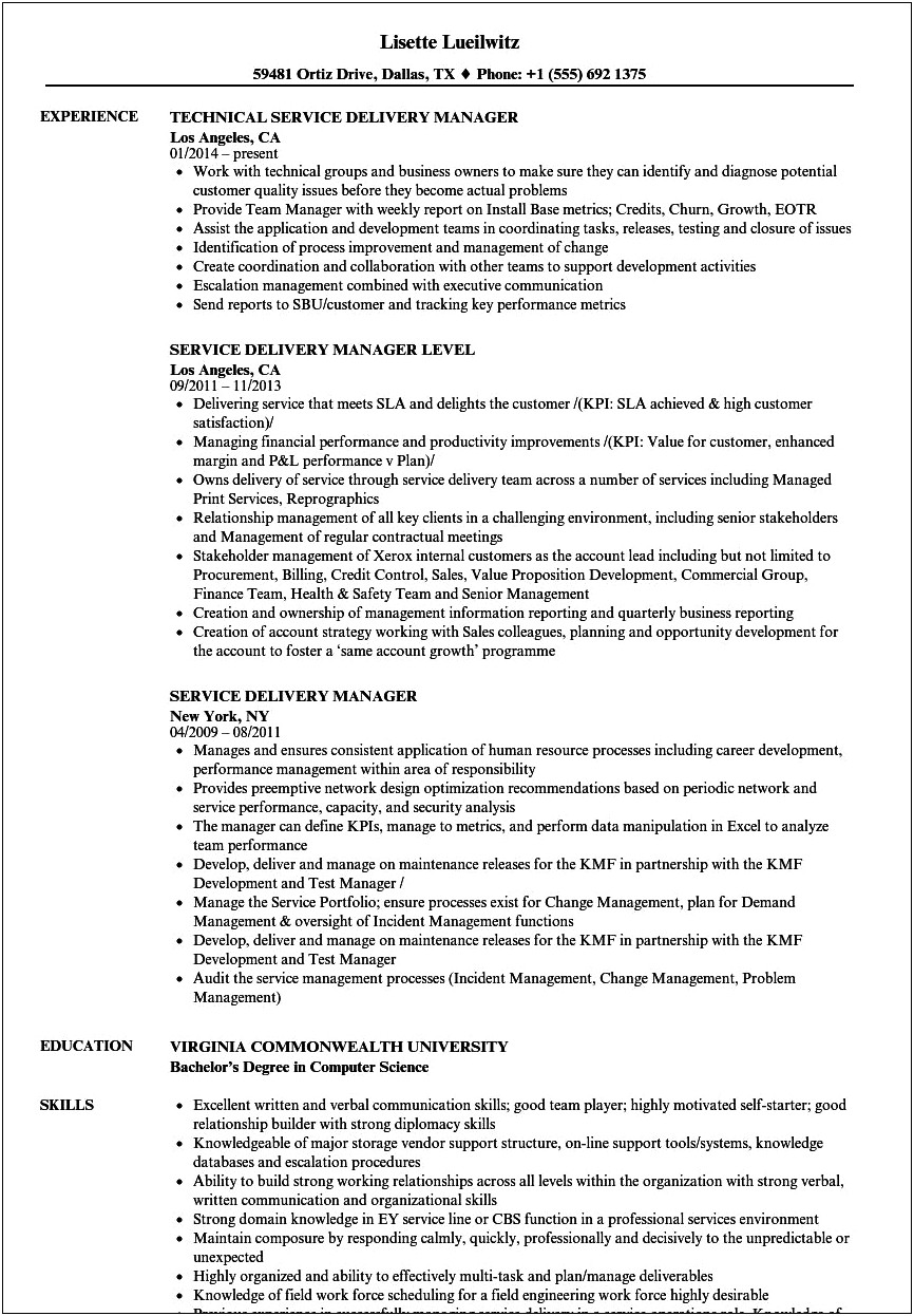 Delivery Manager In Healthcare Resume