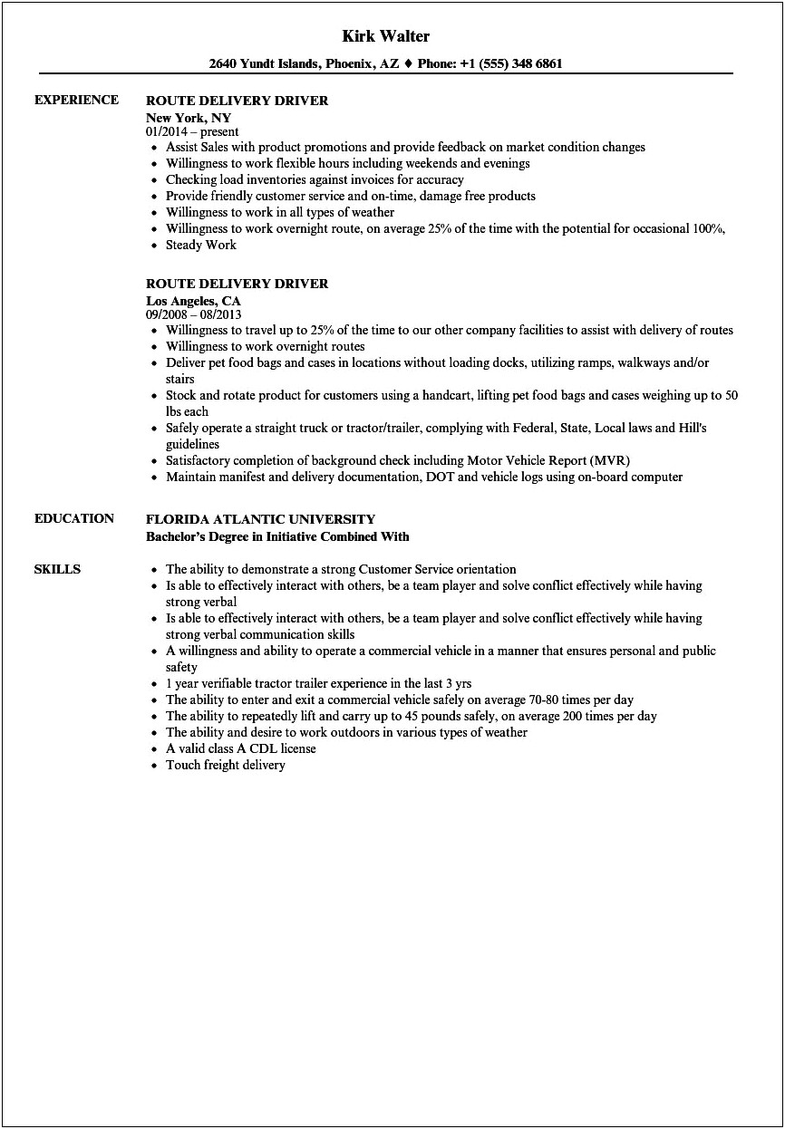 Delivery Truck Driver Resume Sample