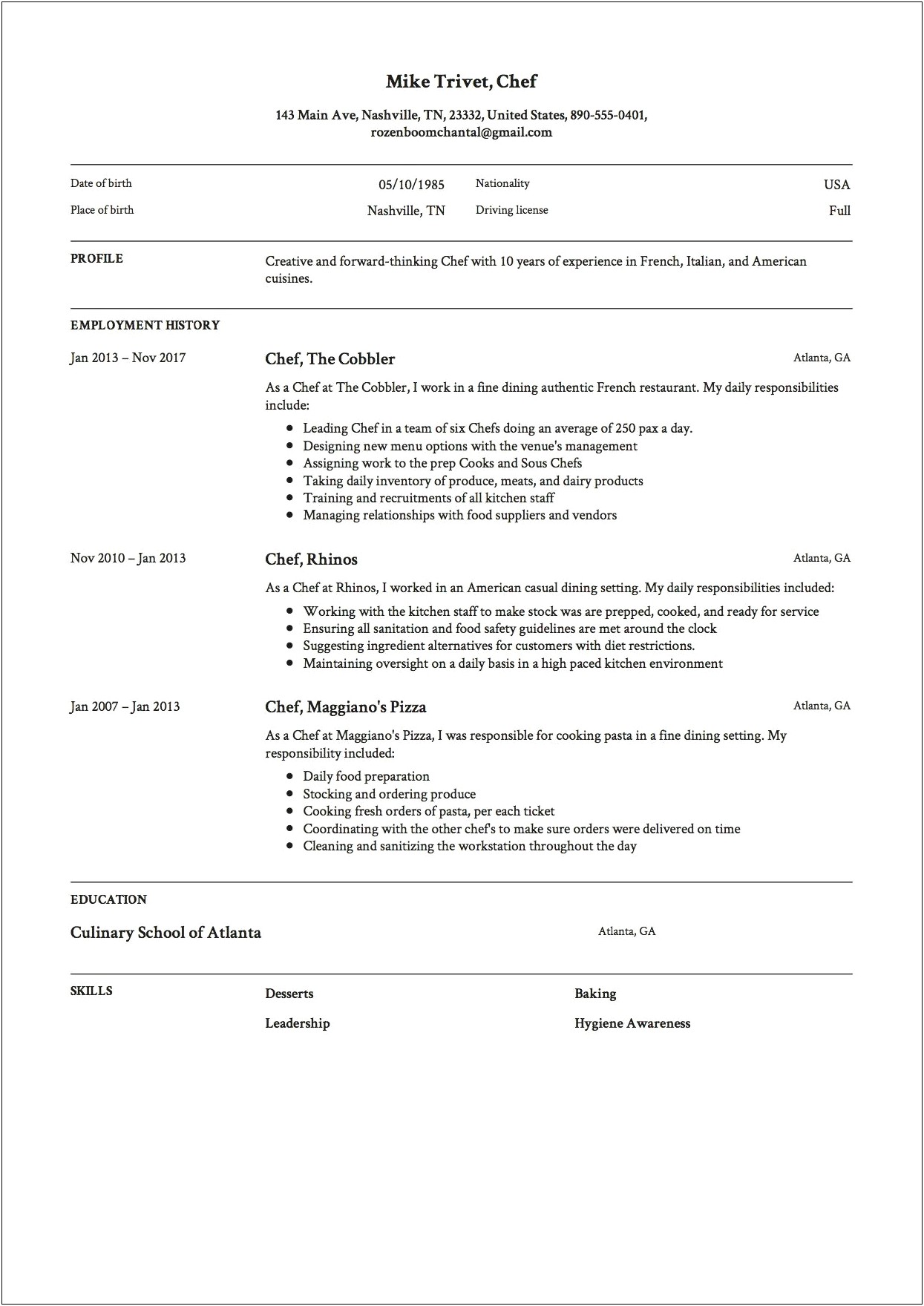 Demi Chef De Partie Resume Word Format