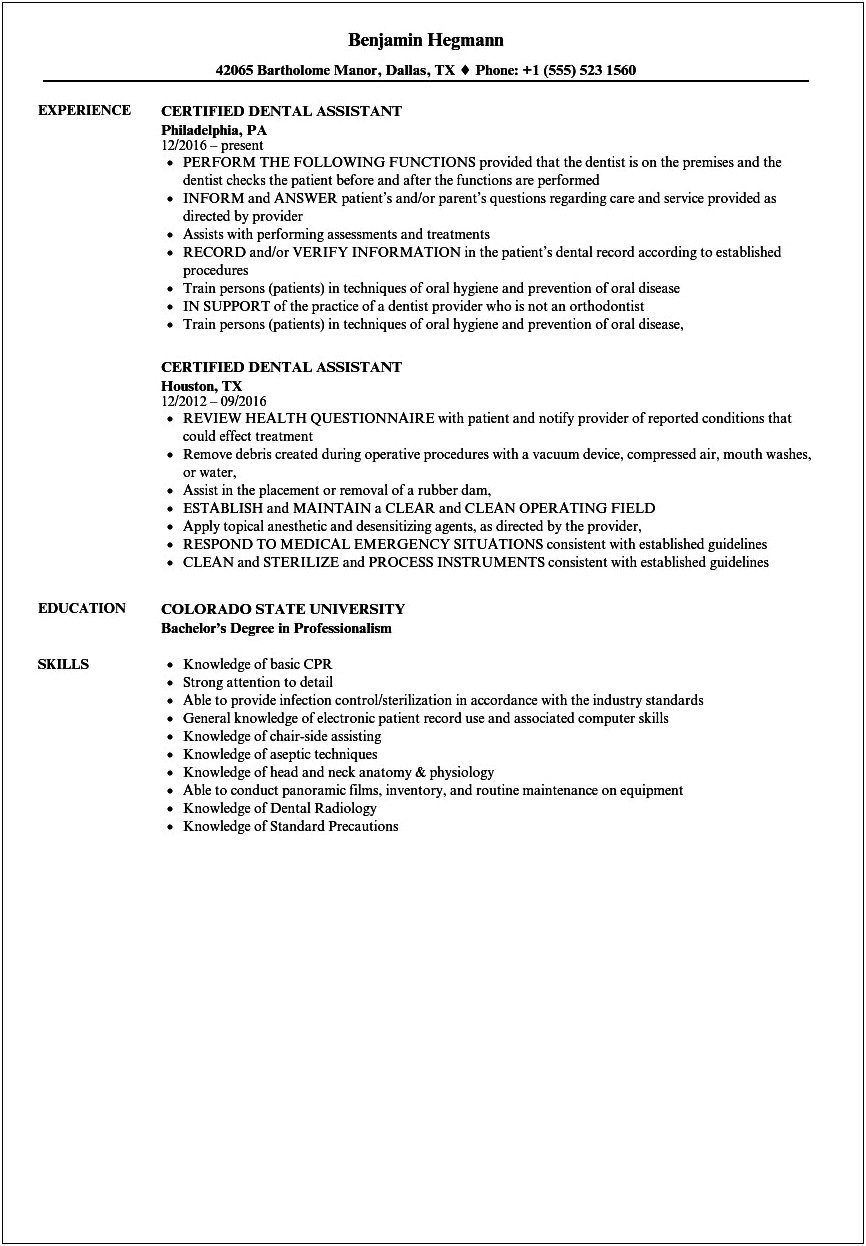 Dental Assistant Resume Examples No Experience
