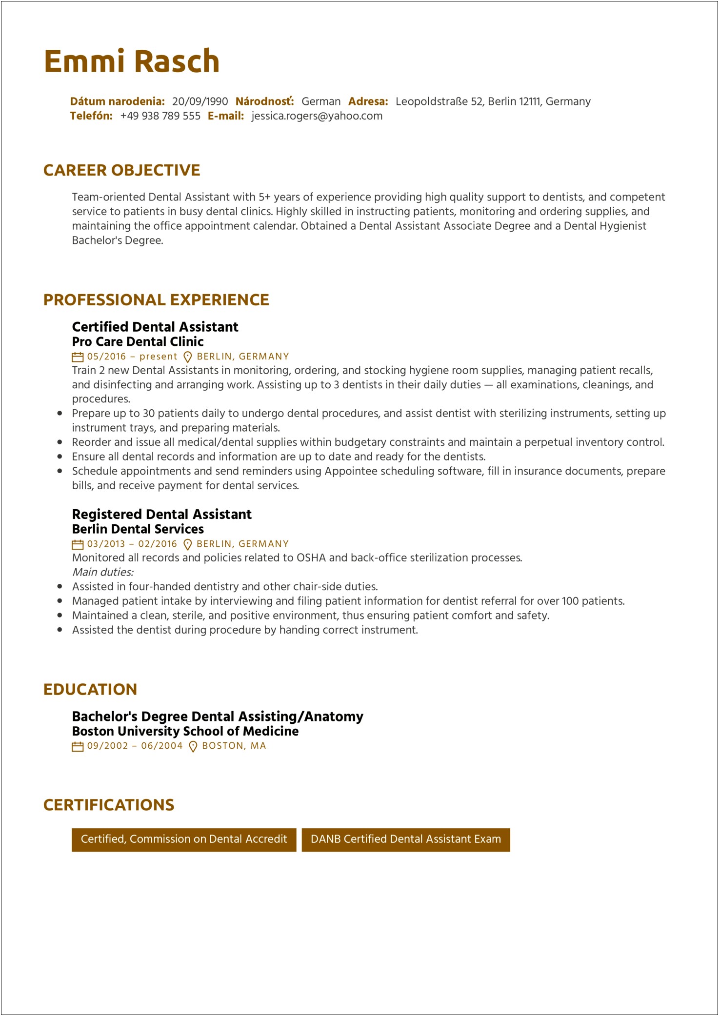 Dental Assistant Resume For Ms Word