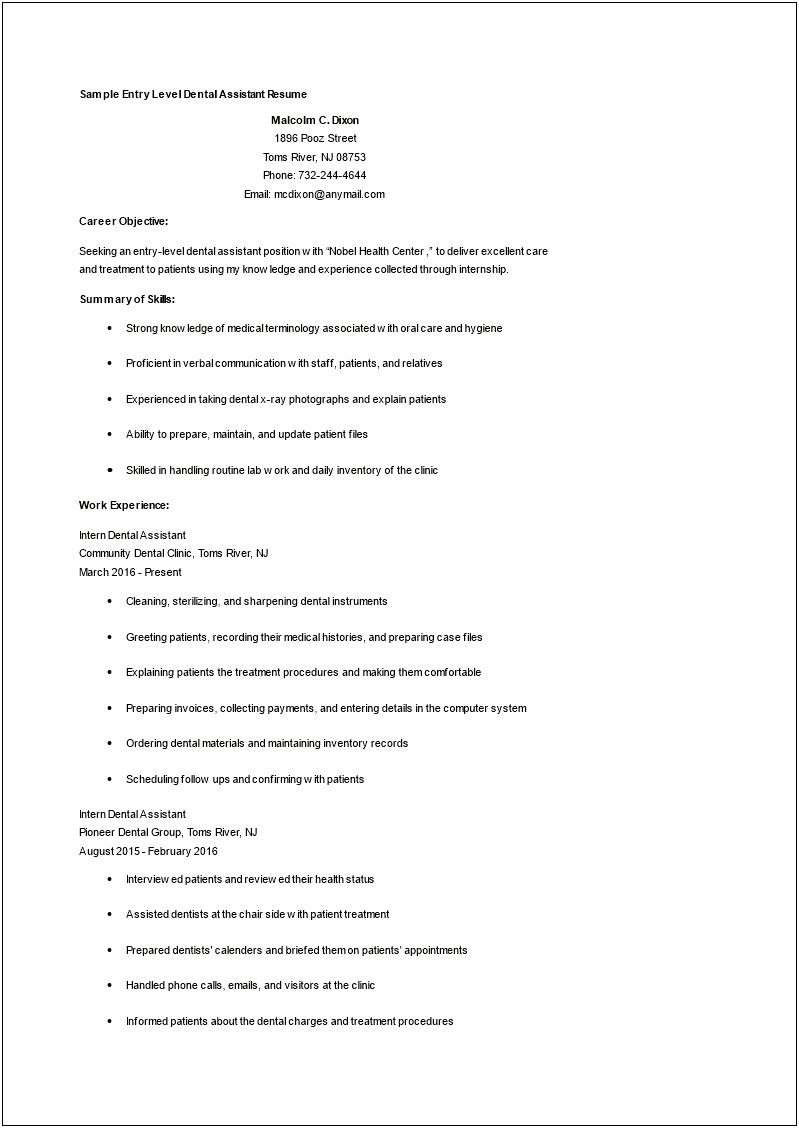 Dental Assistant Resume Objective Examples
