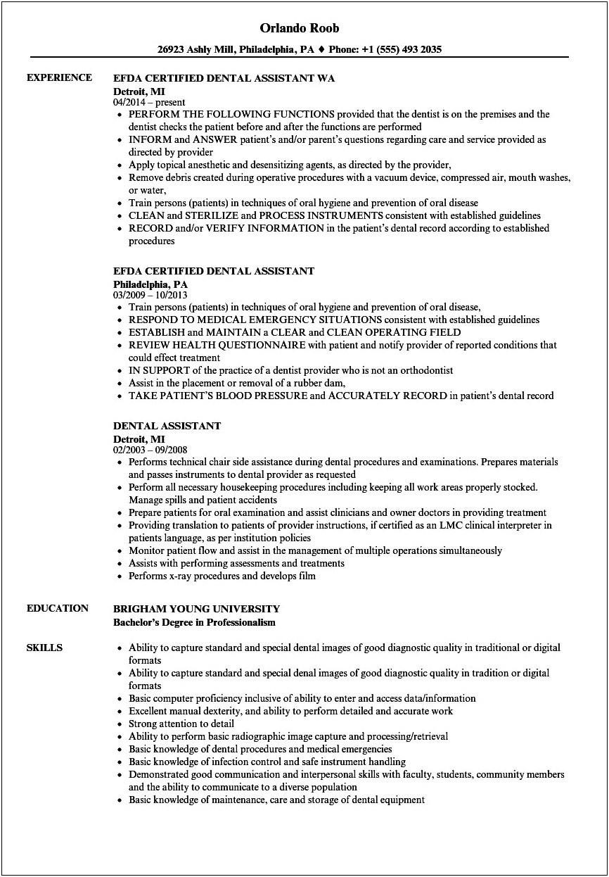 Dental Assistant Resume Samples No Experience